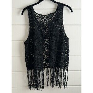 Paisley Road Cotton Crochet Vest Black Fringe Boho Festival Size S M NWT